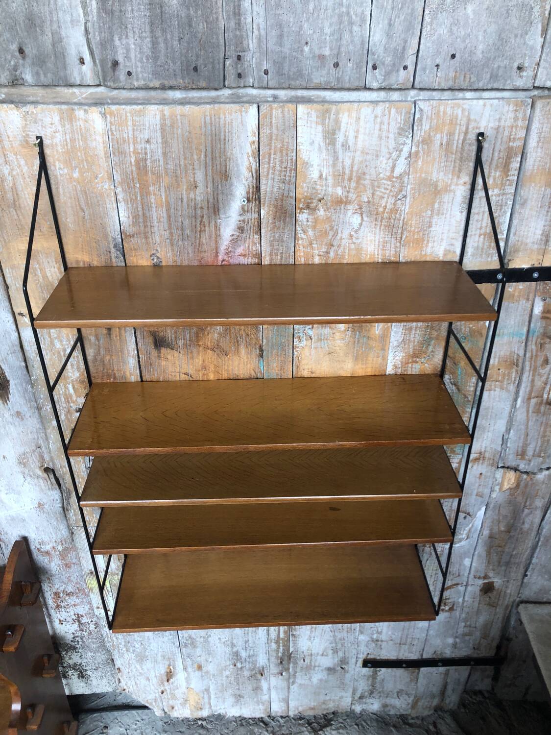 Ancienne etagère murale modulable tomado métal noir + bois clair vintage