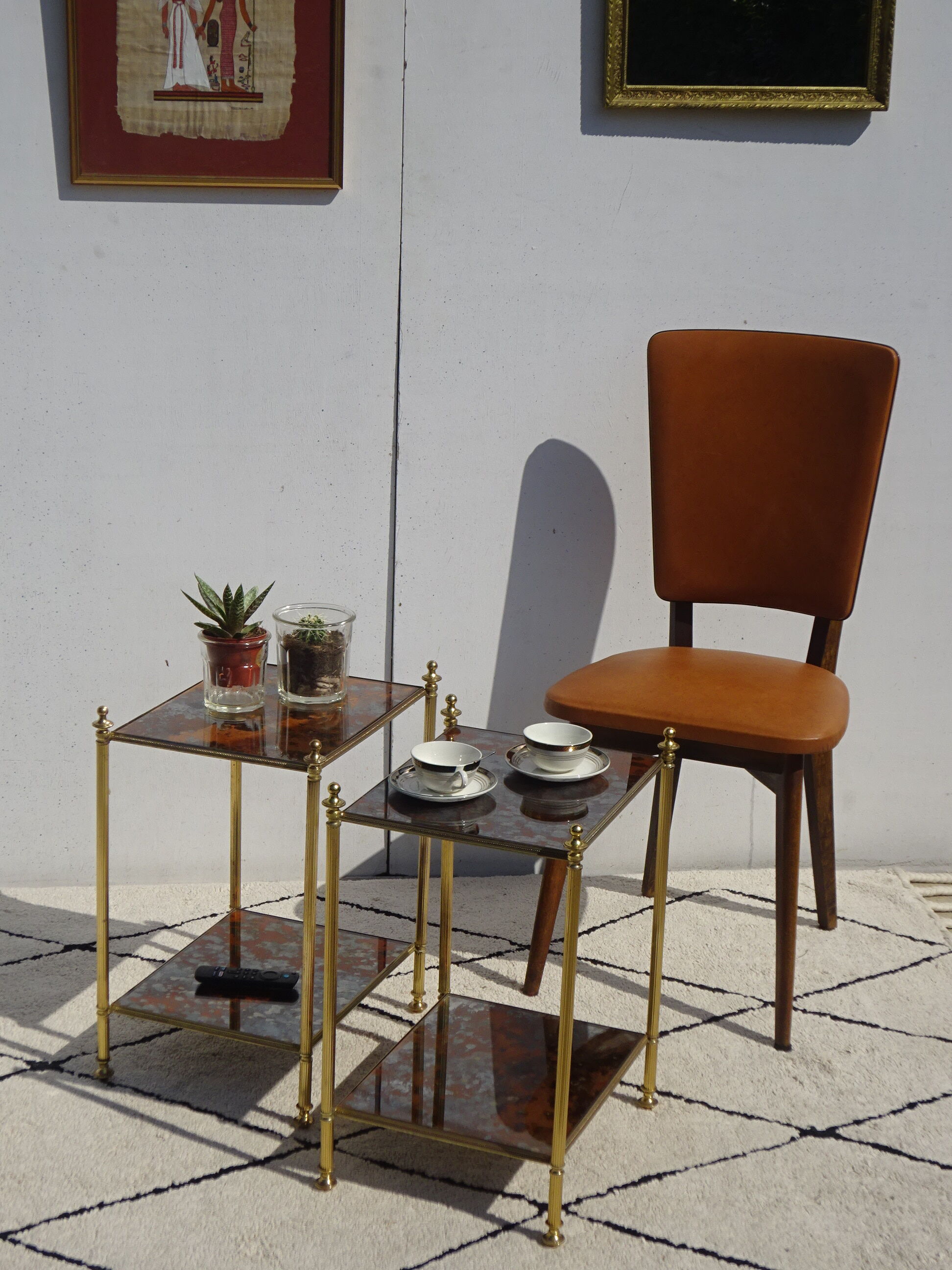 Pair of bedside tables in gilded brass and glass, midcentury
