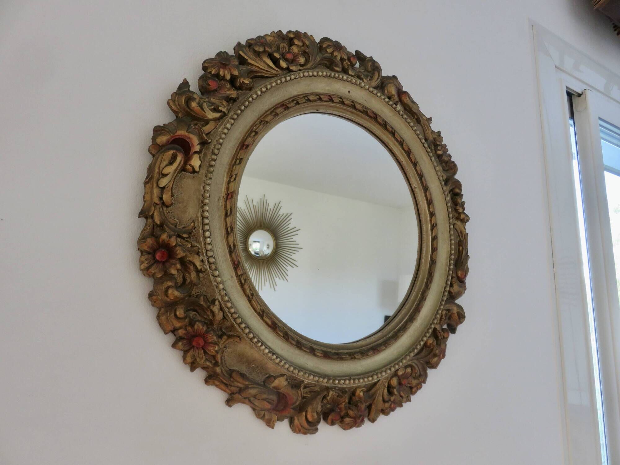 Large round wall mirror, baroque, floral pattern, rococo, 1970s