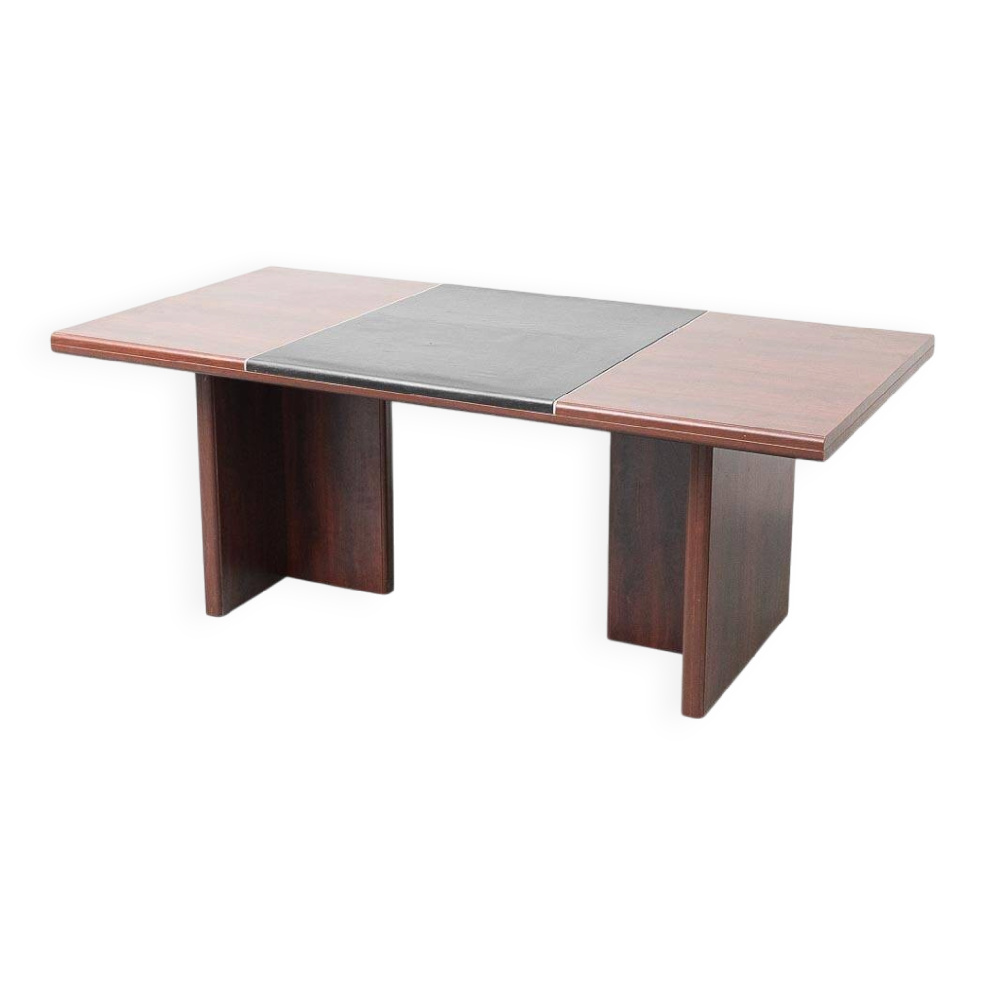 Vintage wooden desk with black faux leather insert – 1970s modernist design