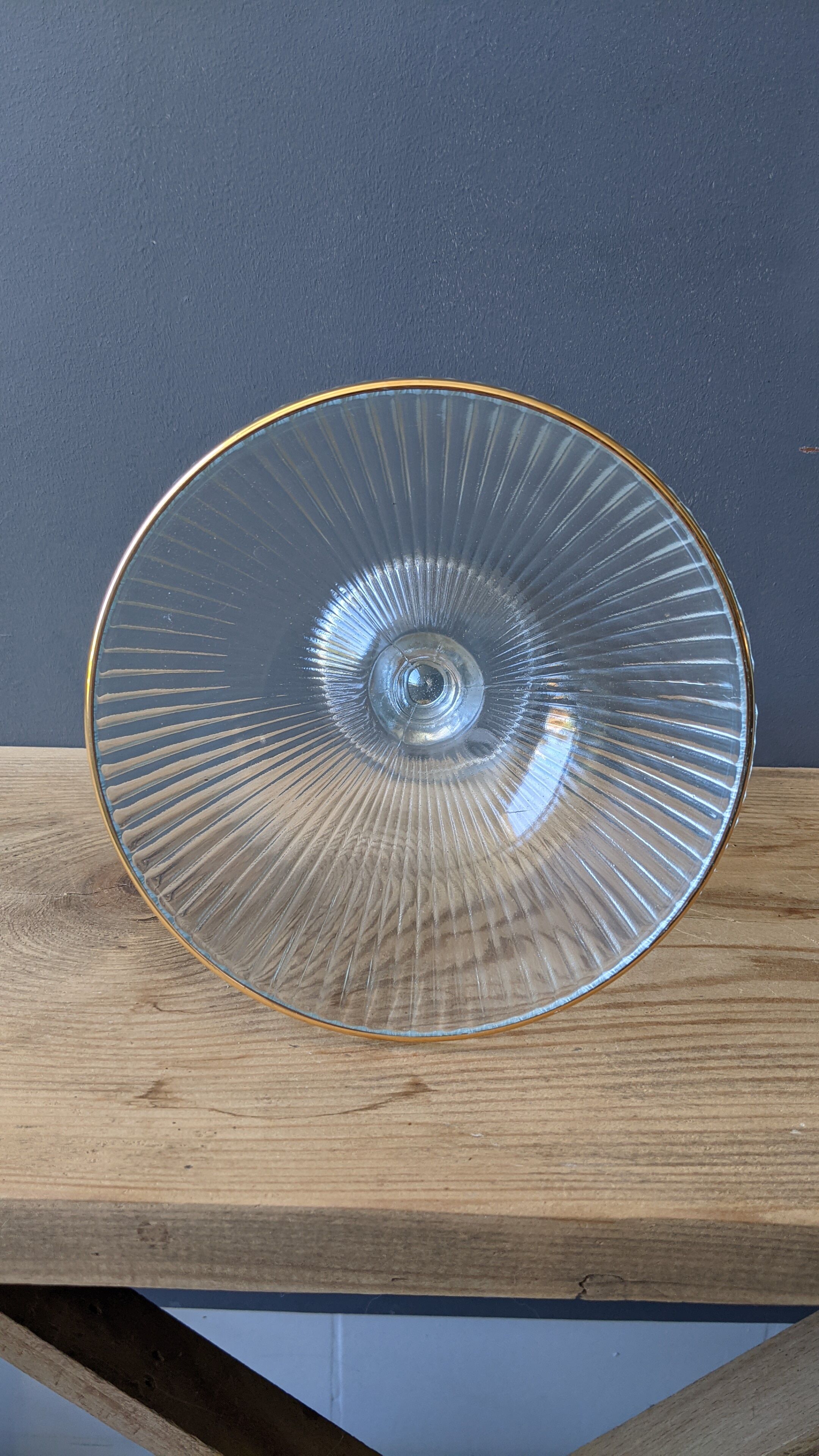 Vintage glass fruit cup on foot golden border shower