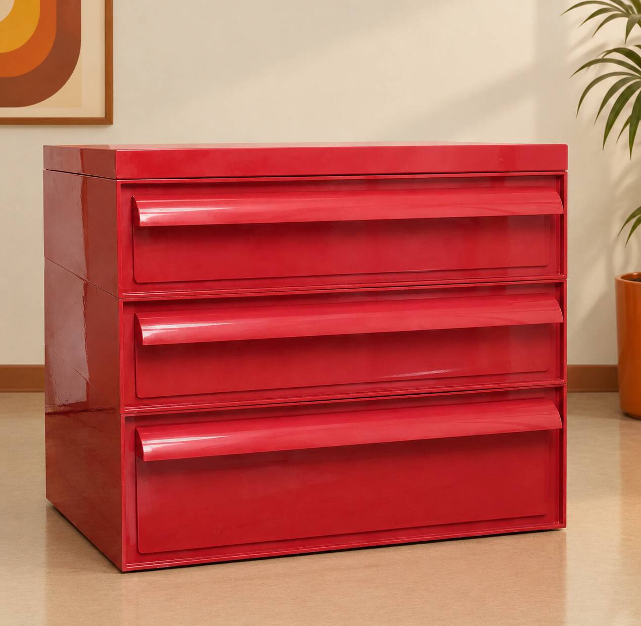 Kartell 4602 Simon Fussell – modular furniture with 3 drawers, red, Italy, 1970.
