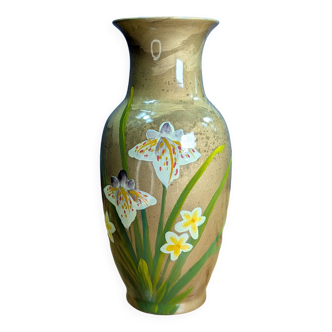 Old Indian Floral Vase Hand Painted Green Gold Background 25cm