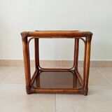 Table d'appoint vintage rotin et verre fumé années 70
