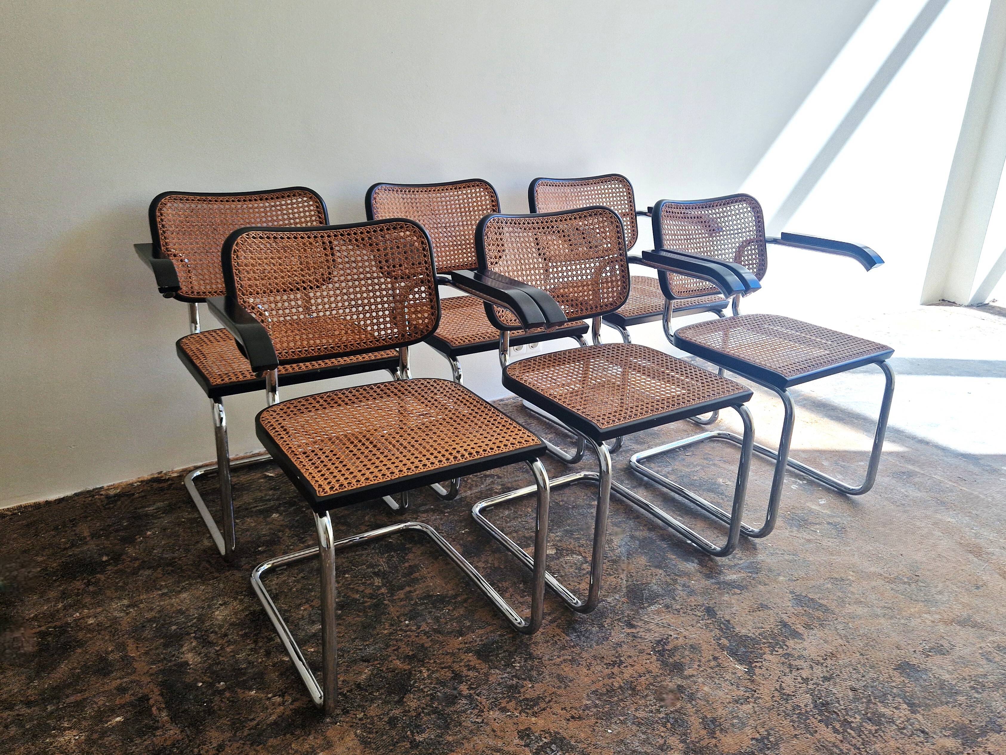 Set of 6 'Cesca' Chairs with armrests by Marcel Breuer produced by KnollStudio