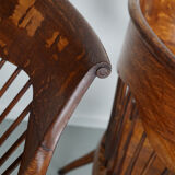Pair of English Edwardian Oak Spindle Back Captains Office Desk Chairs