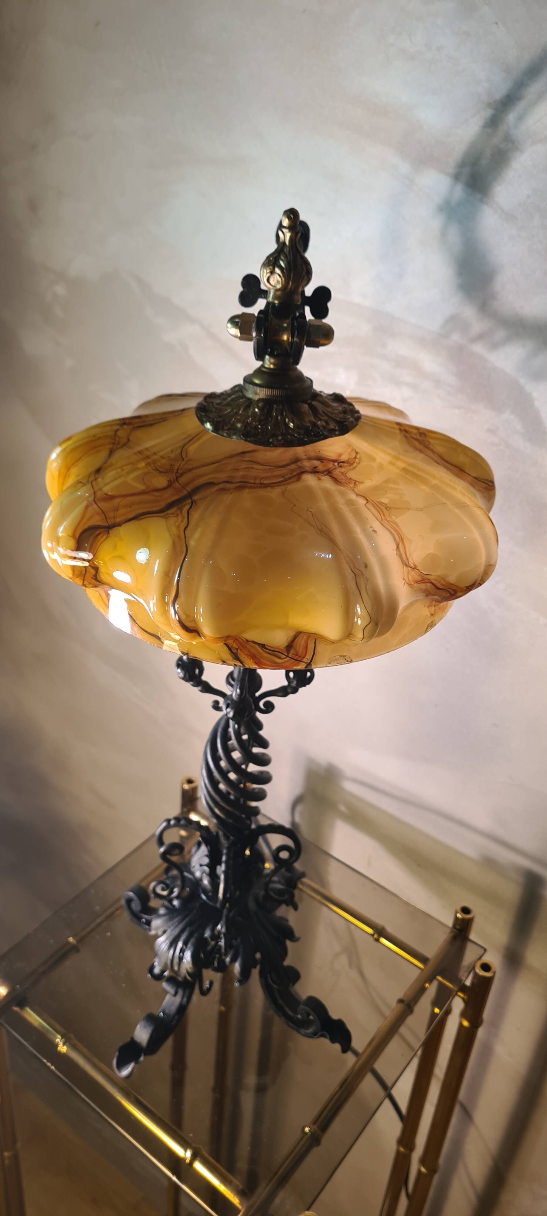 large wrought iron work lamp Andalusian style 1900 marbled opaline,,,, 49x25 magnificent and rare