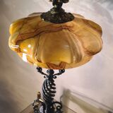 large wrought iron work lamp Andalusian style 1900 marbled opaline,,,, 49x25 magnificent and rare