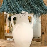 White terracotta lamp and blue raffia lampshade