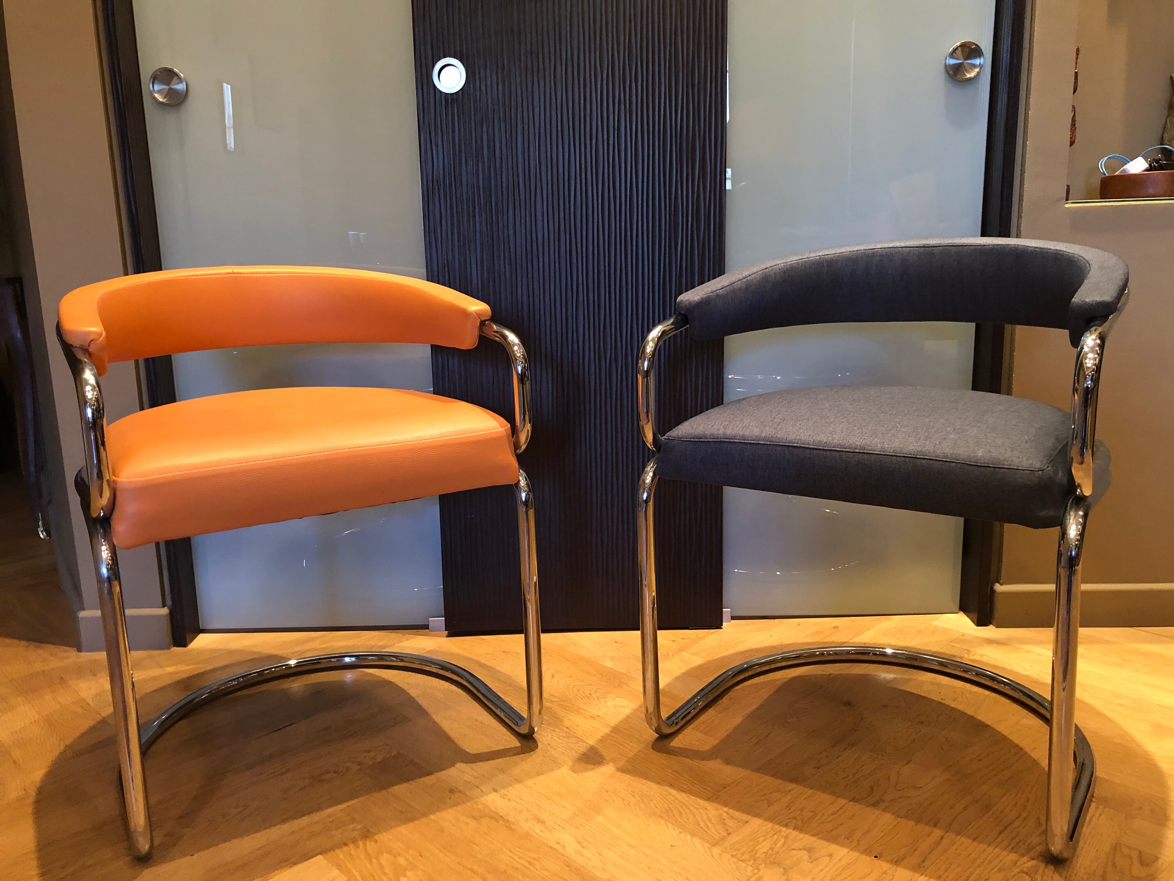 2 victoria armchairs 70s chrome tube and skaï terracotta color