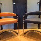 2 victoria armchairs 70s chrome tube and skaï terracotta color