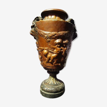 Ancient Vase On Foot Plaster Decor Vintage Brown Cherubs