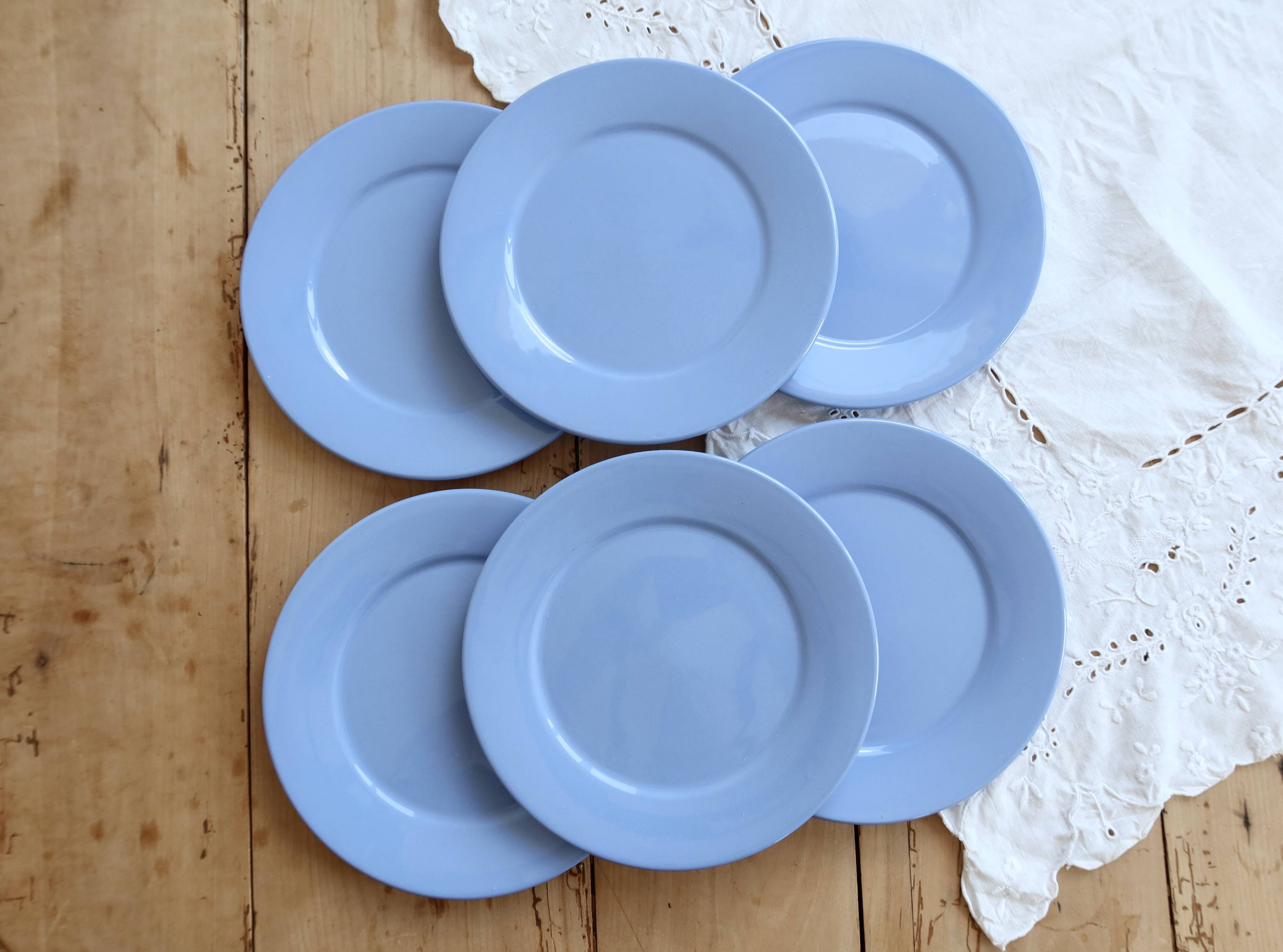 6 vintage sky blue faience dessert plates – Provençal coastal style