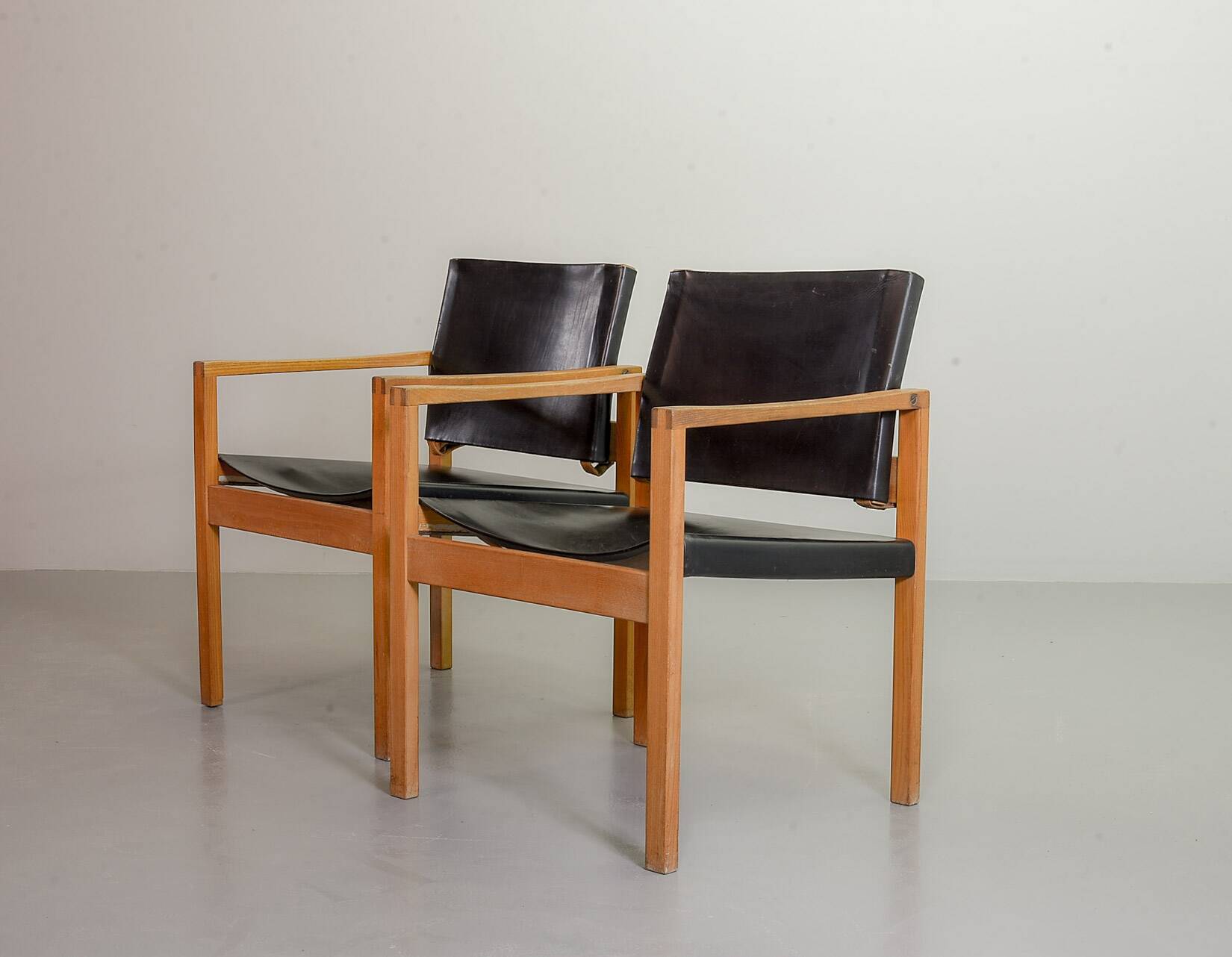 Brutalist Nordic Scandinavian Solid Oakwood and Black Leather Armchairs 60s