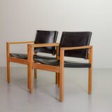 Brutalist Nordic Scandinavian Solid Oakwood and Black Leather Armchairs 60s