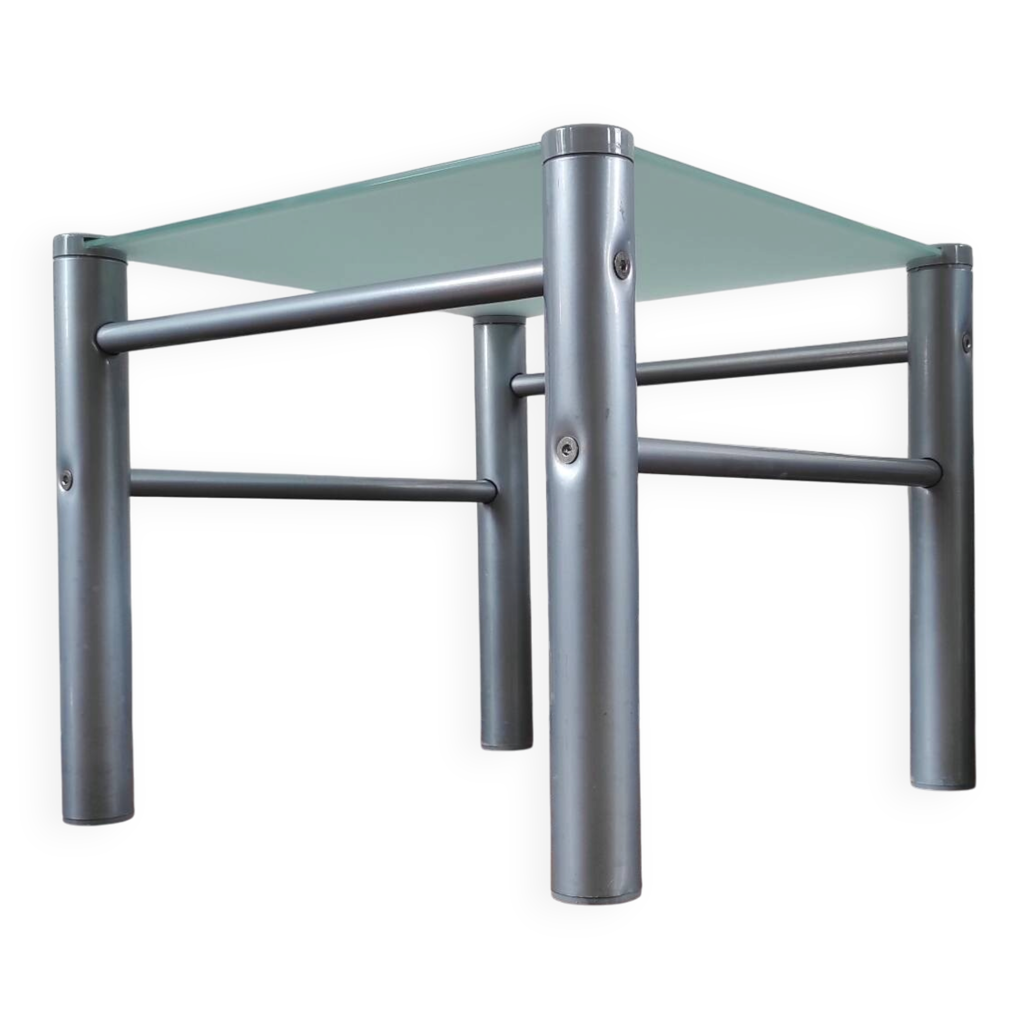 Side table / Vintage end table in frosted glass and metal – An
