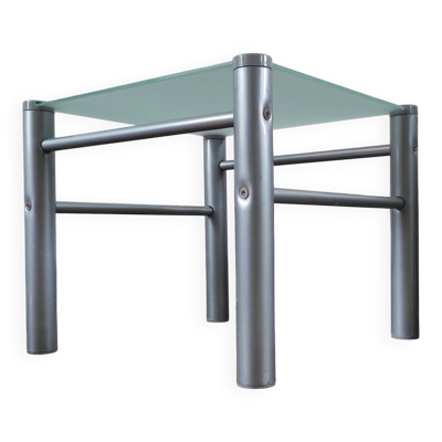 Table d’appoint / Bout de canapé vintage en verre dépoli et métal – An