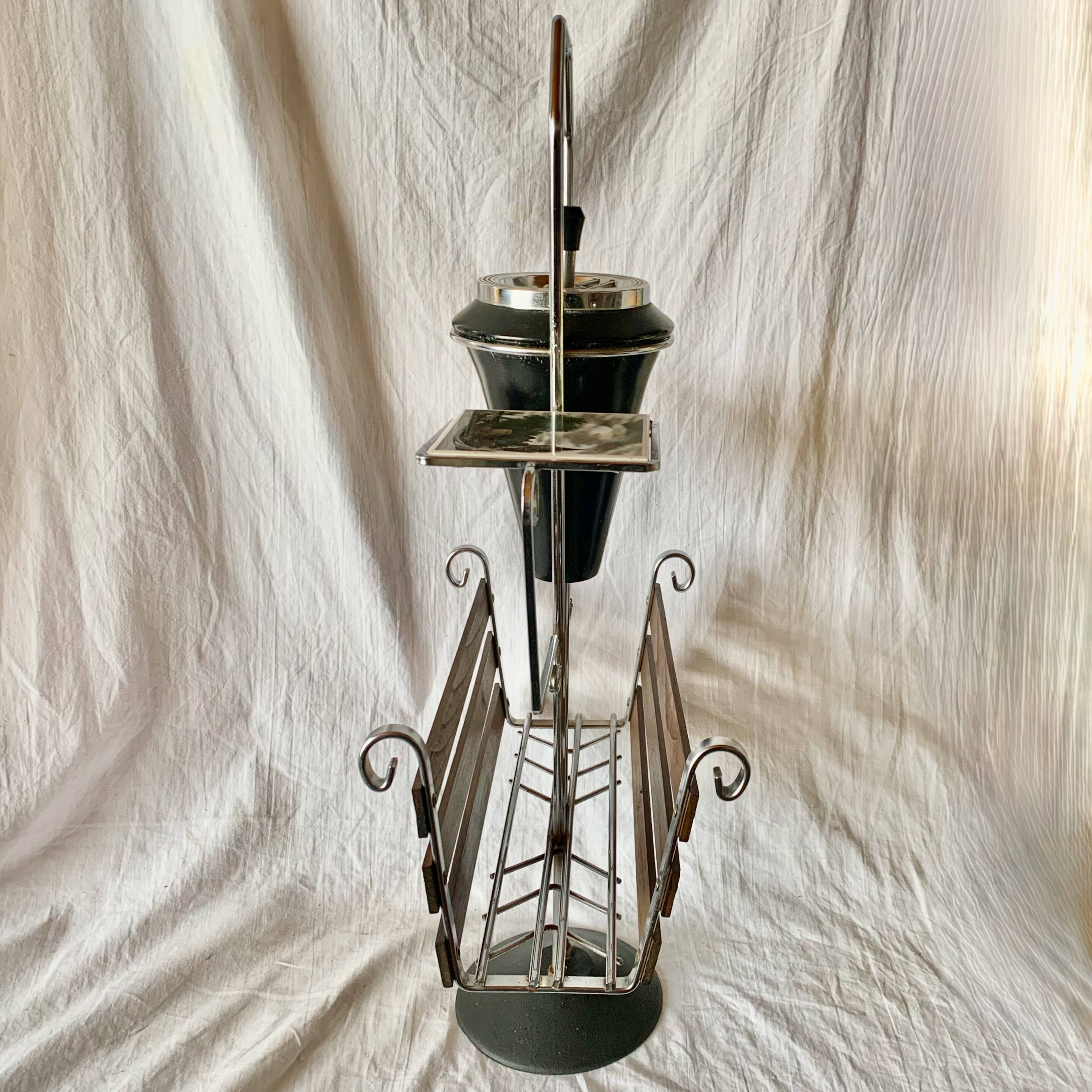 : Multifunctional magazine rack from the 50s-60s in chrome-plated metal and solid wood