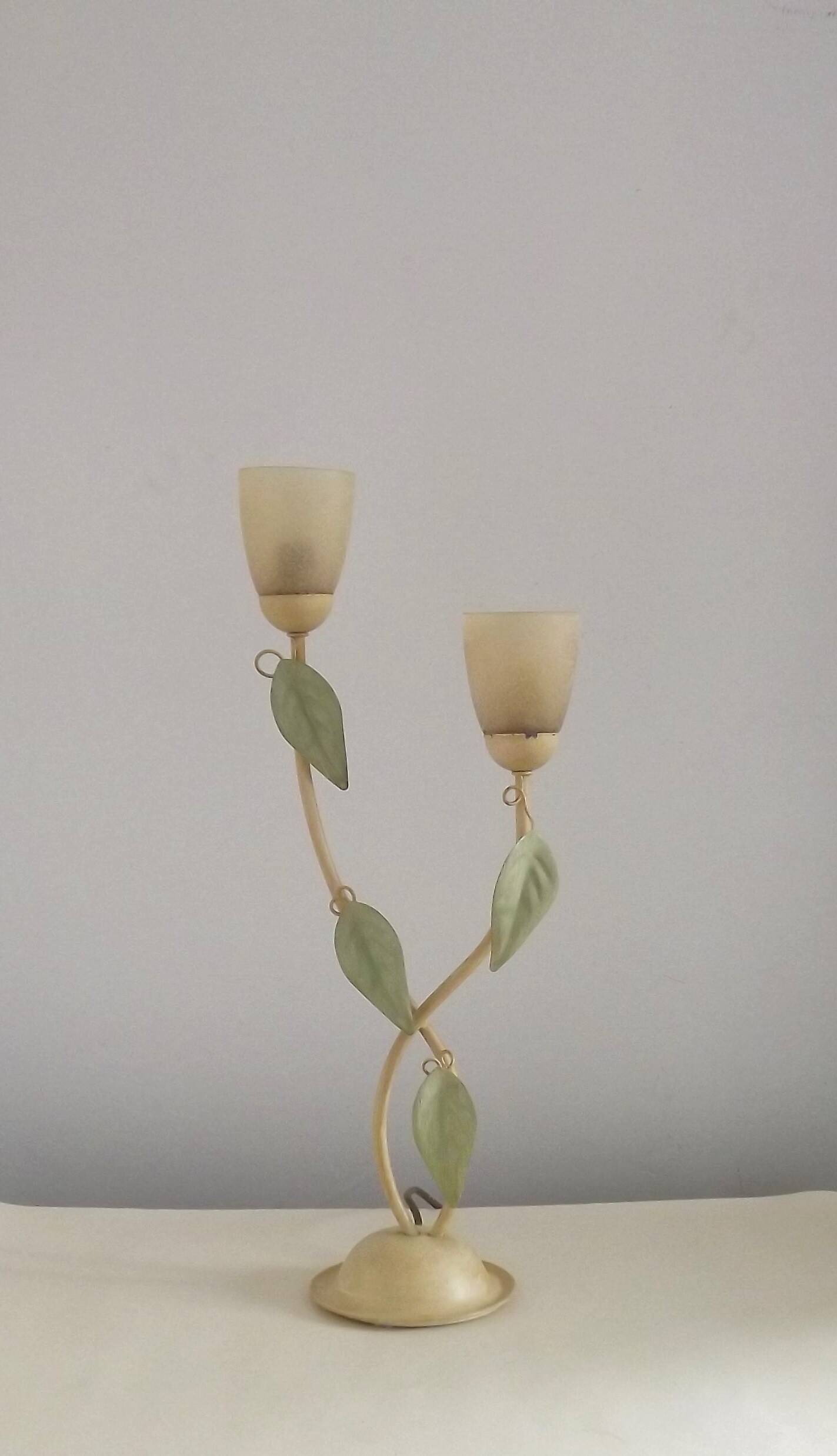 Vintage Italian Double Light Table Lamp Green Leaves Glass Shades