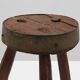 Brutalist French solid oak tripod stool with metal rim, 1850s