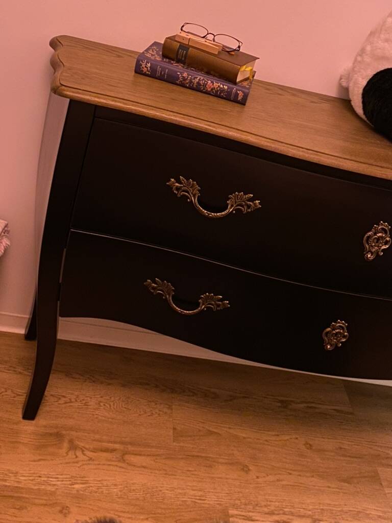 Curved chest of drawers in black wood and oak – Louis XV style revisited