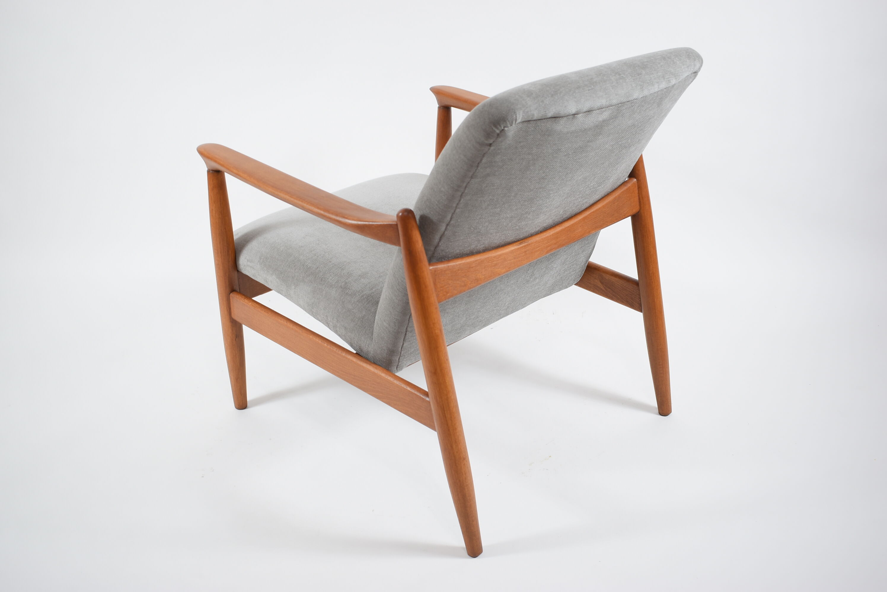 Original restored vintage armchair, designer E. Homma, grey fabric