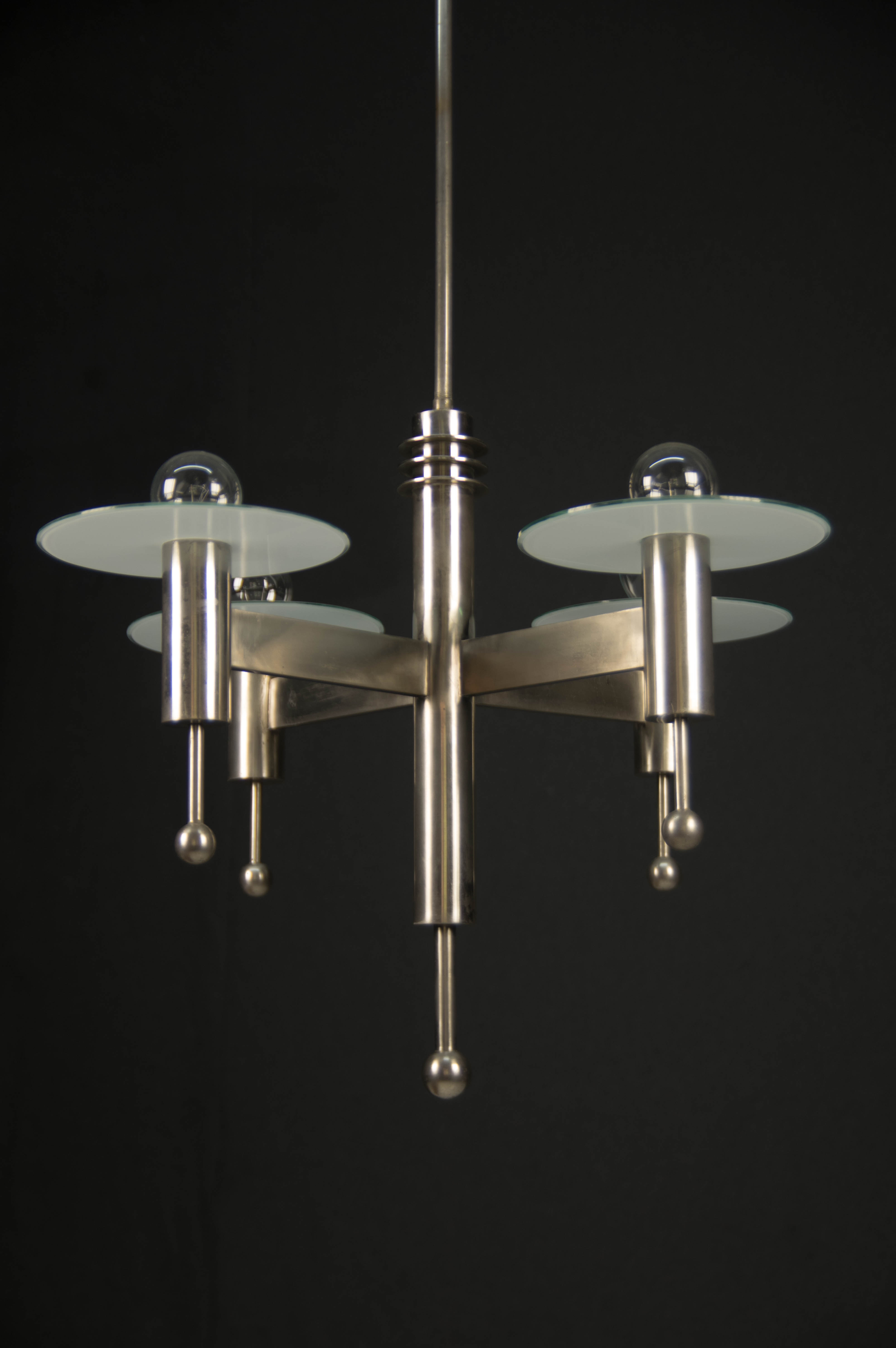Art Deco or Bauhaus Nickel-plated 4-flamming chandelier, 1920s