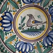 Vintage flat plate in white Modra earthenware, hand-painted.