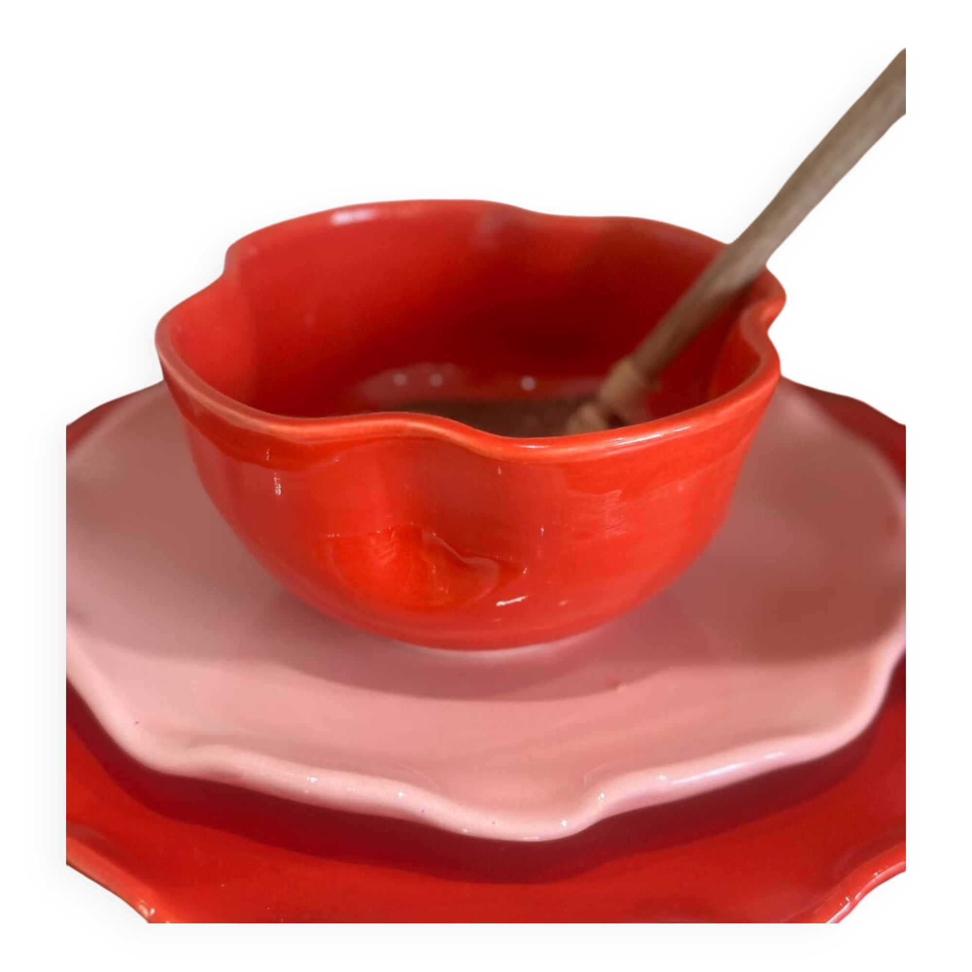 Handmade enameled ceramic bowl with red poppy clover flower