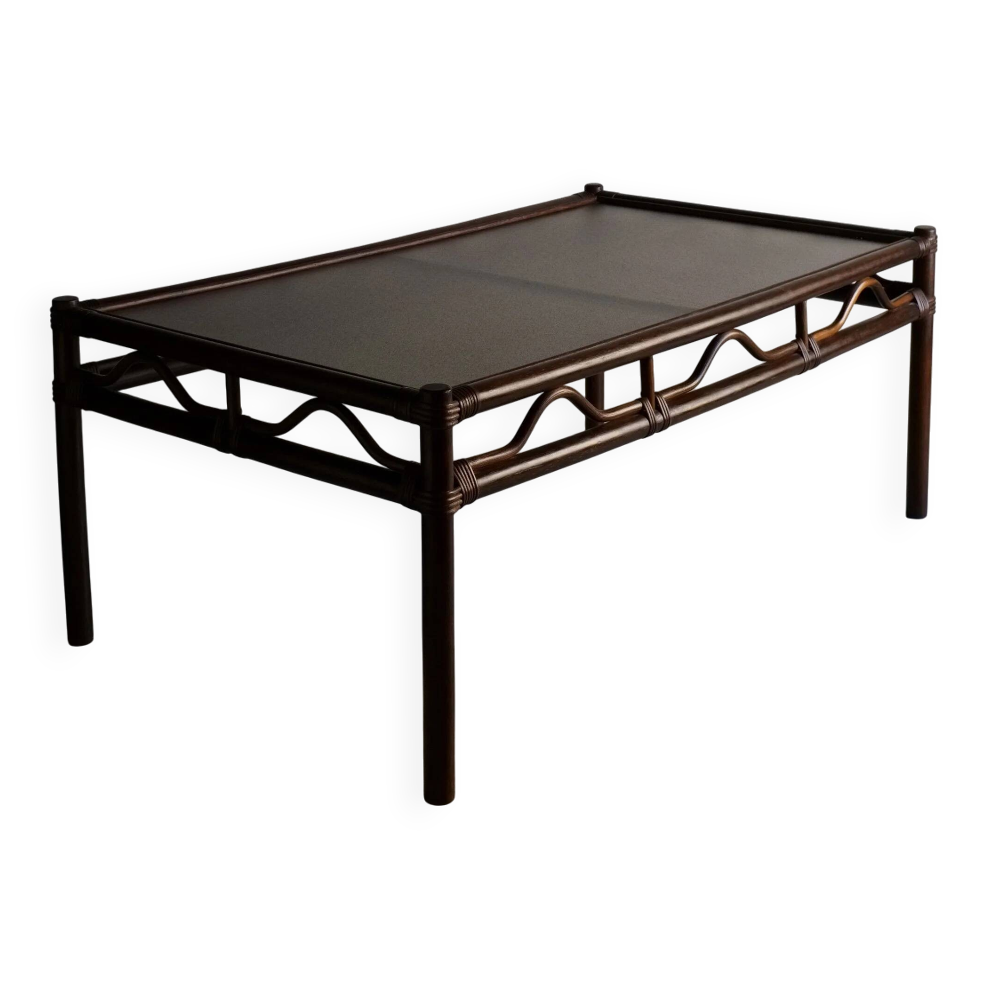 Table basse en rotin foncé et verre | Années 1980