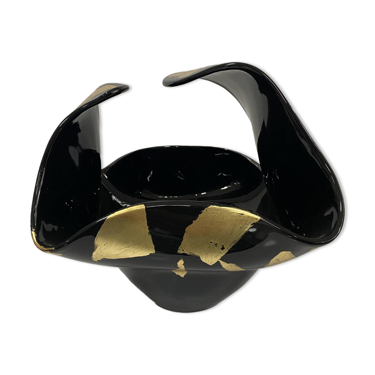 Black Murano-Style Art Glass Centerpiece Bowl with Gold Leaf Accents