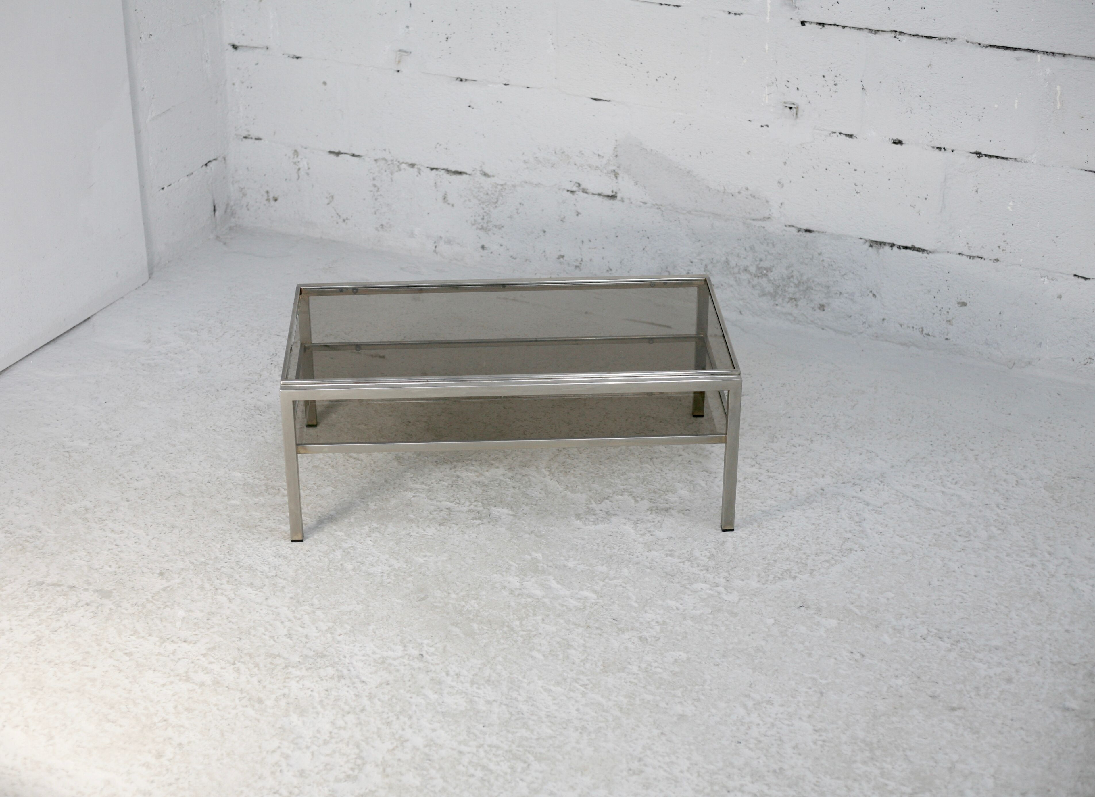 Double coffee table trays smoked glass steel. France, circa 1970