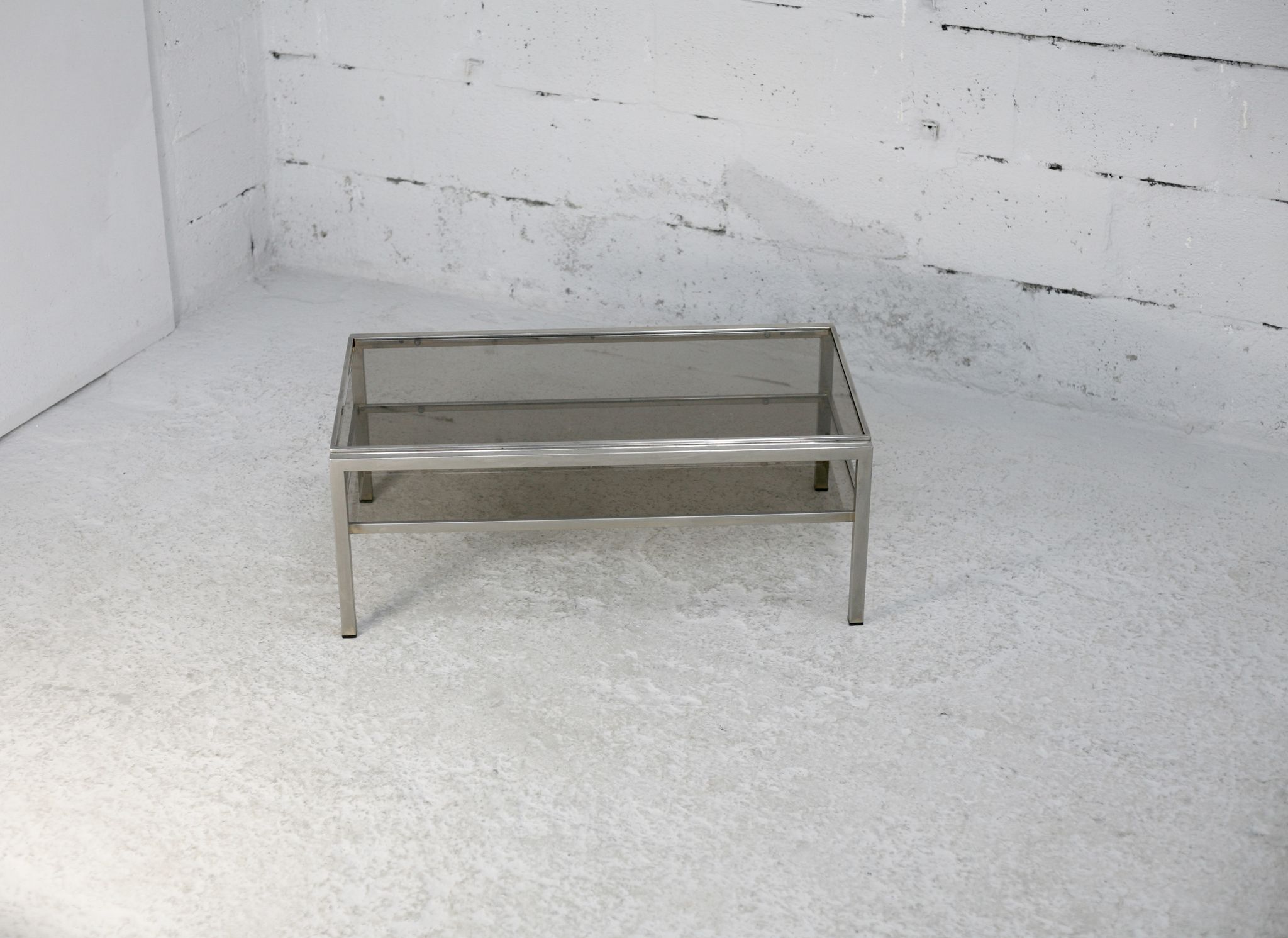 Double coffee table trays smoked glass steel. France, circa 1970