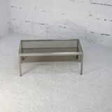 Double coffee table trays smoked glass steel. France, circa 1970
