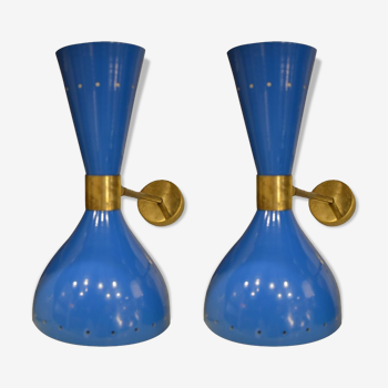 Paire d'appliques diabolo bleu en laiton design italien