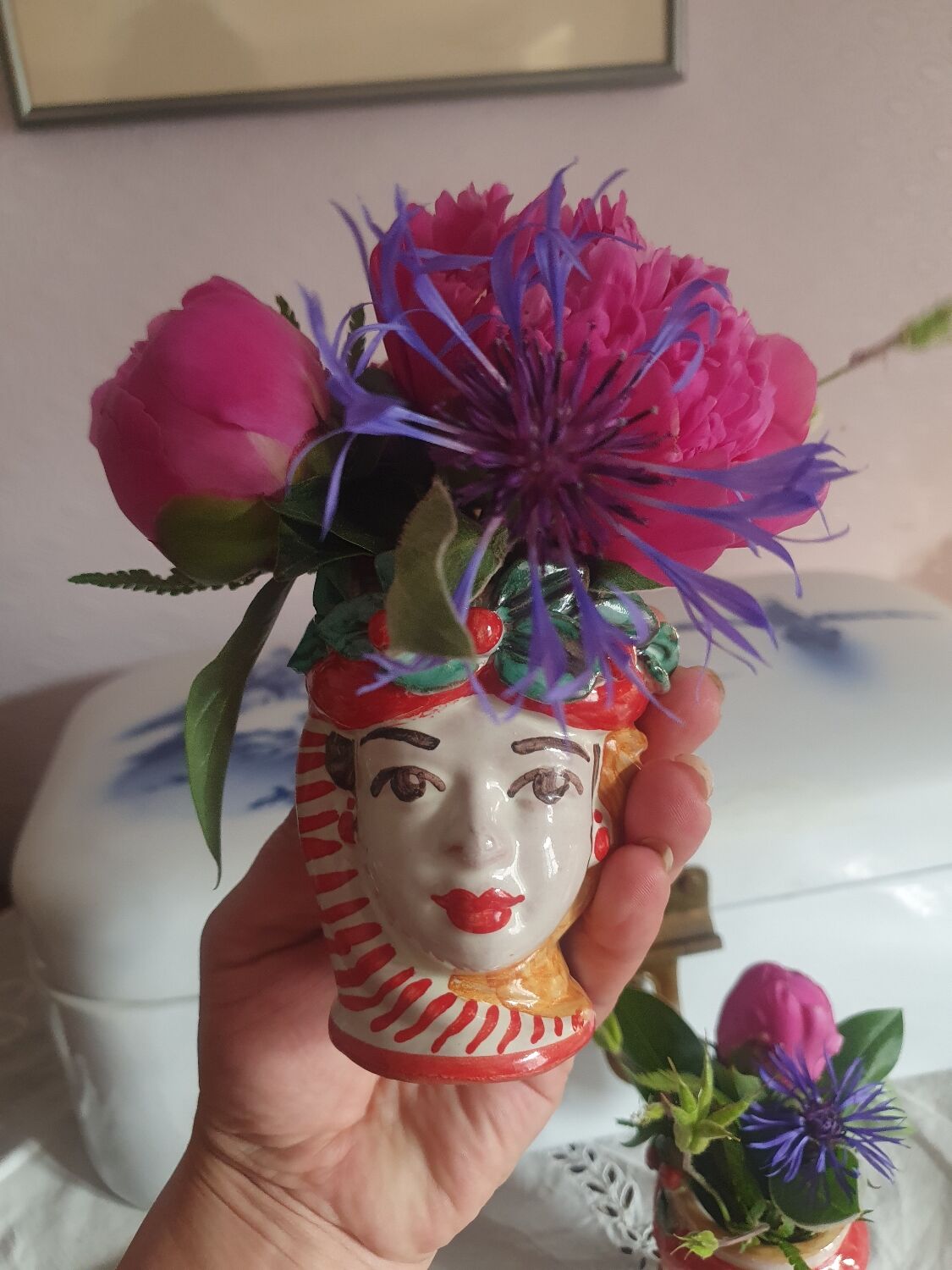 Set of 2 Sicilian vases ceramic heads of caltagirone