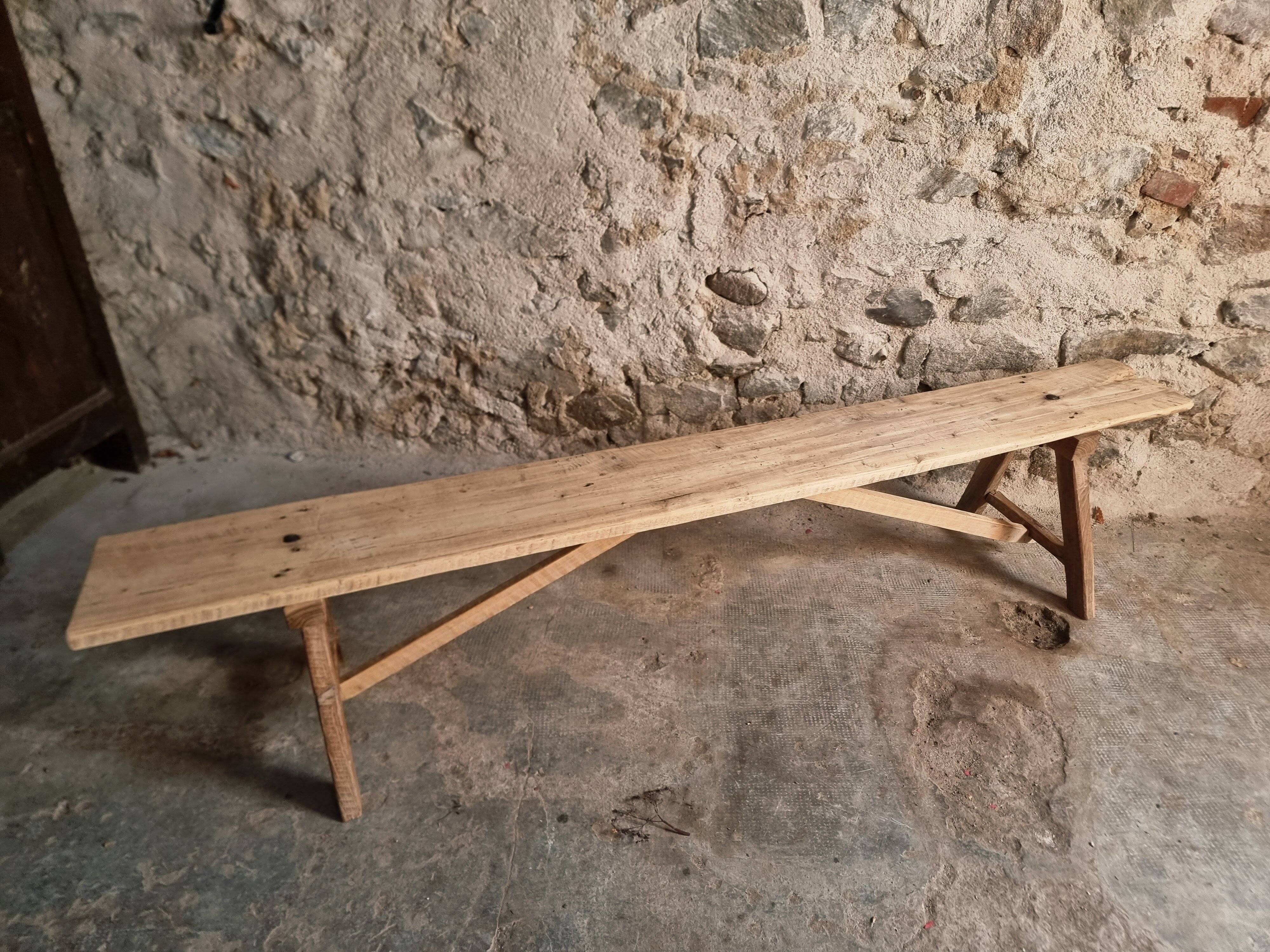French antique wooden bench – Rustic farmhouse bench – Poplar and chestnut – Late 19th century – 198 cm