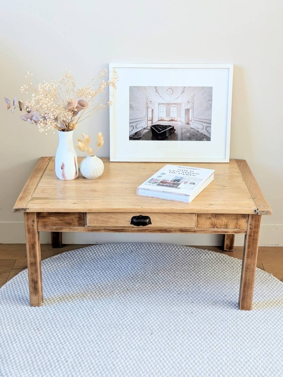 Antique solid wood coffee table with drawer.