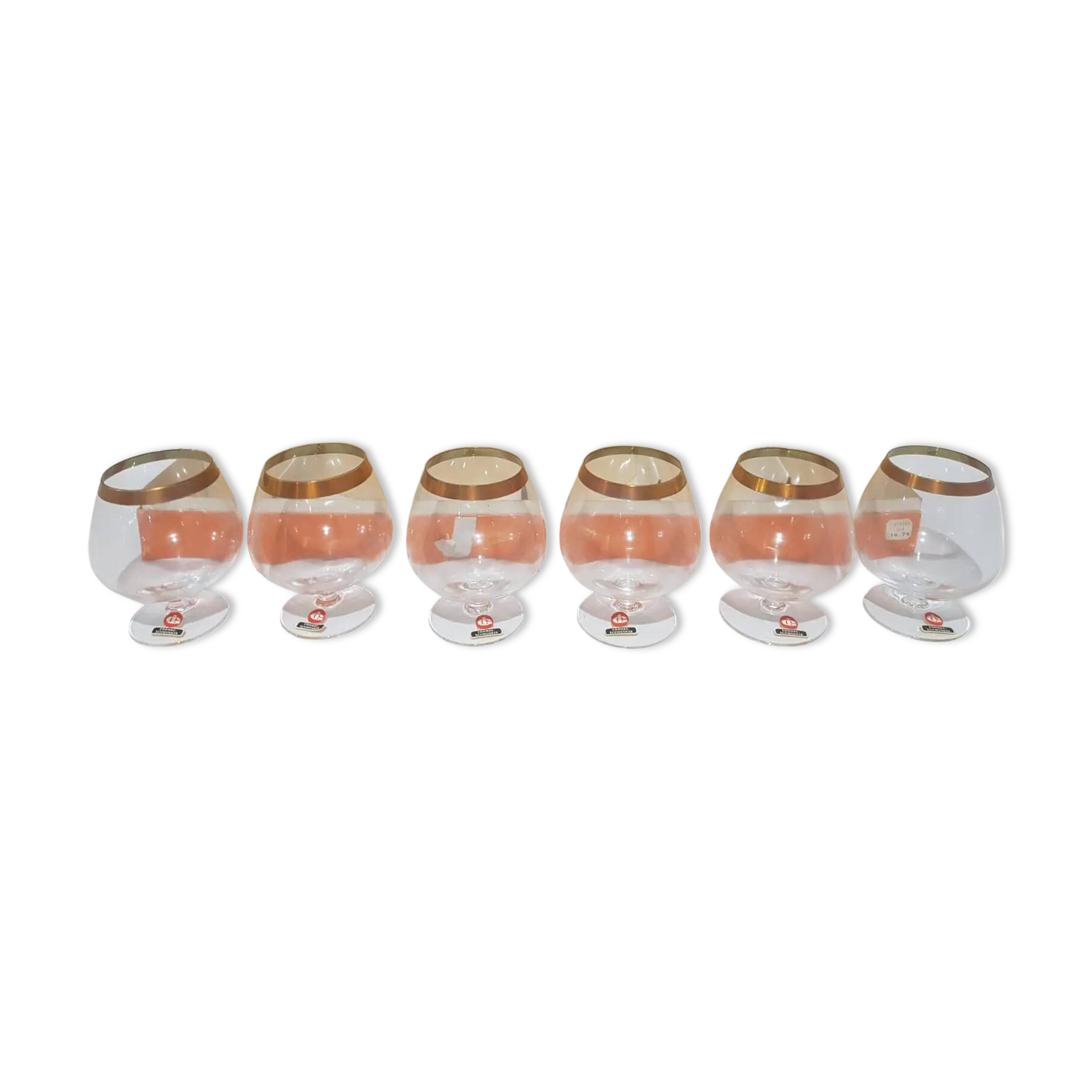 Set of 6 cognac glasses, clear glass, gilding / Austria / 1960s.