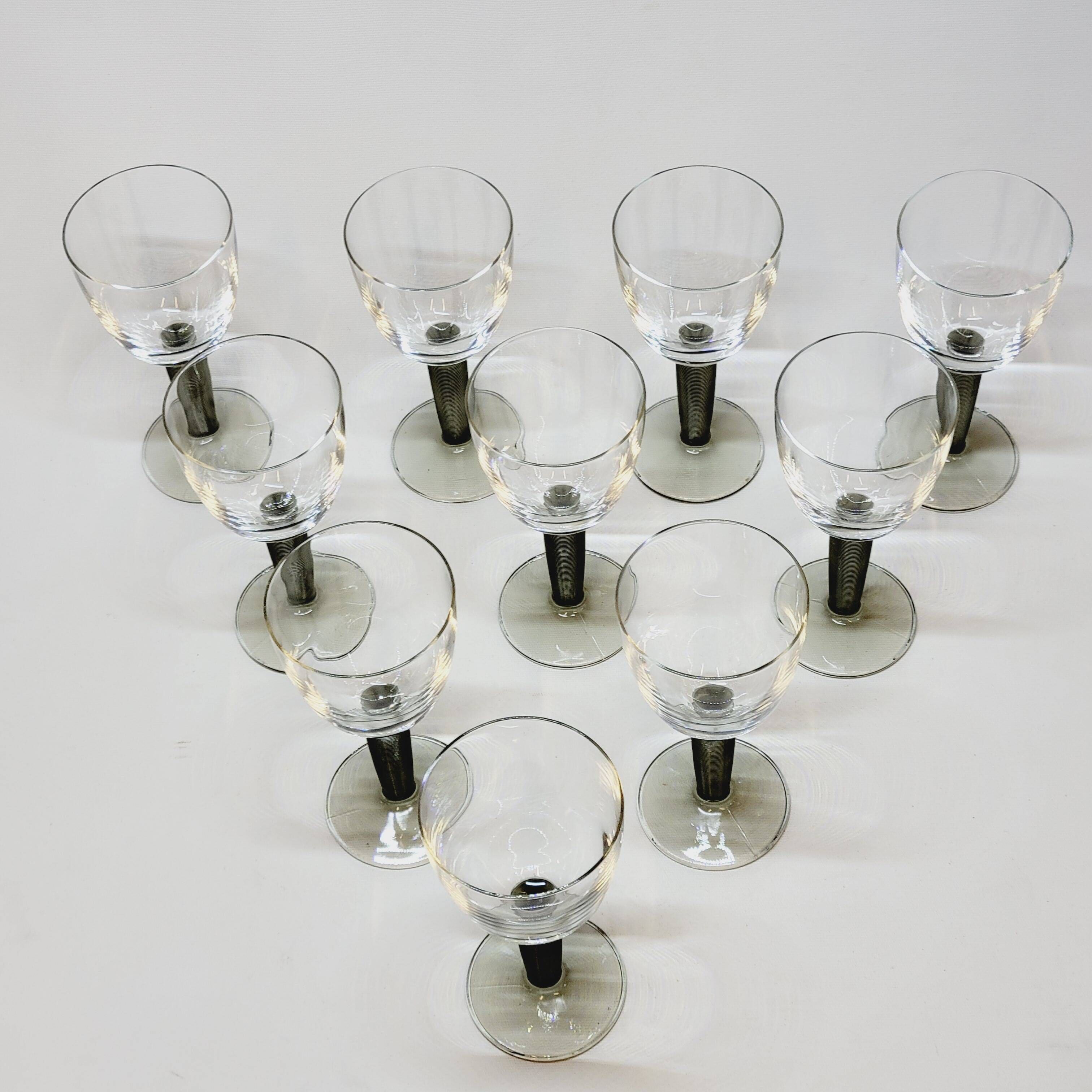 10 Bormioli Rocco Vintage Crystal Wine Glasses with Grooved Grey Stem