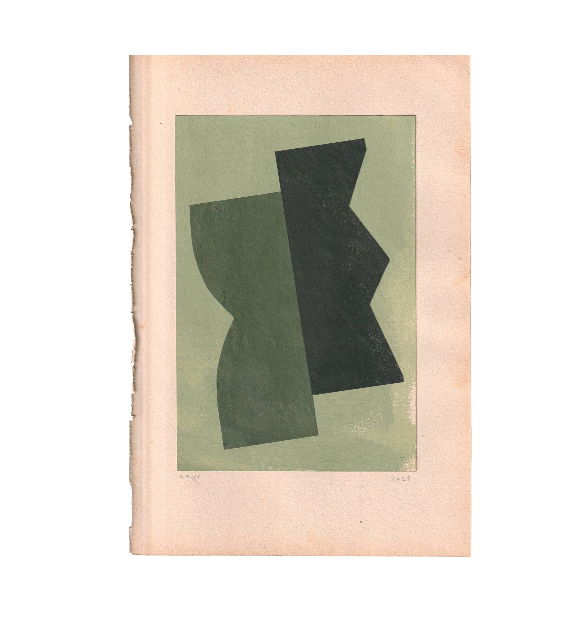 Collection of 6 abstract paintings on sage green paper, signed Eawy