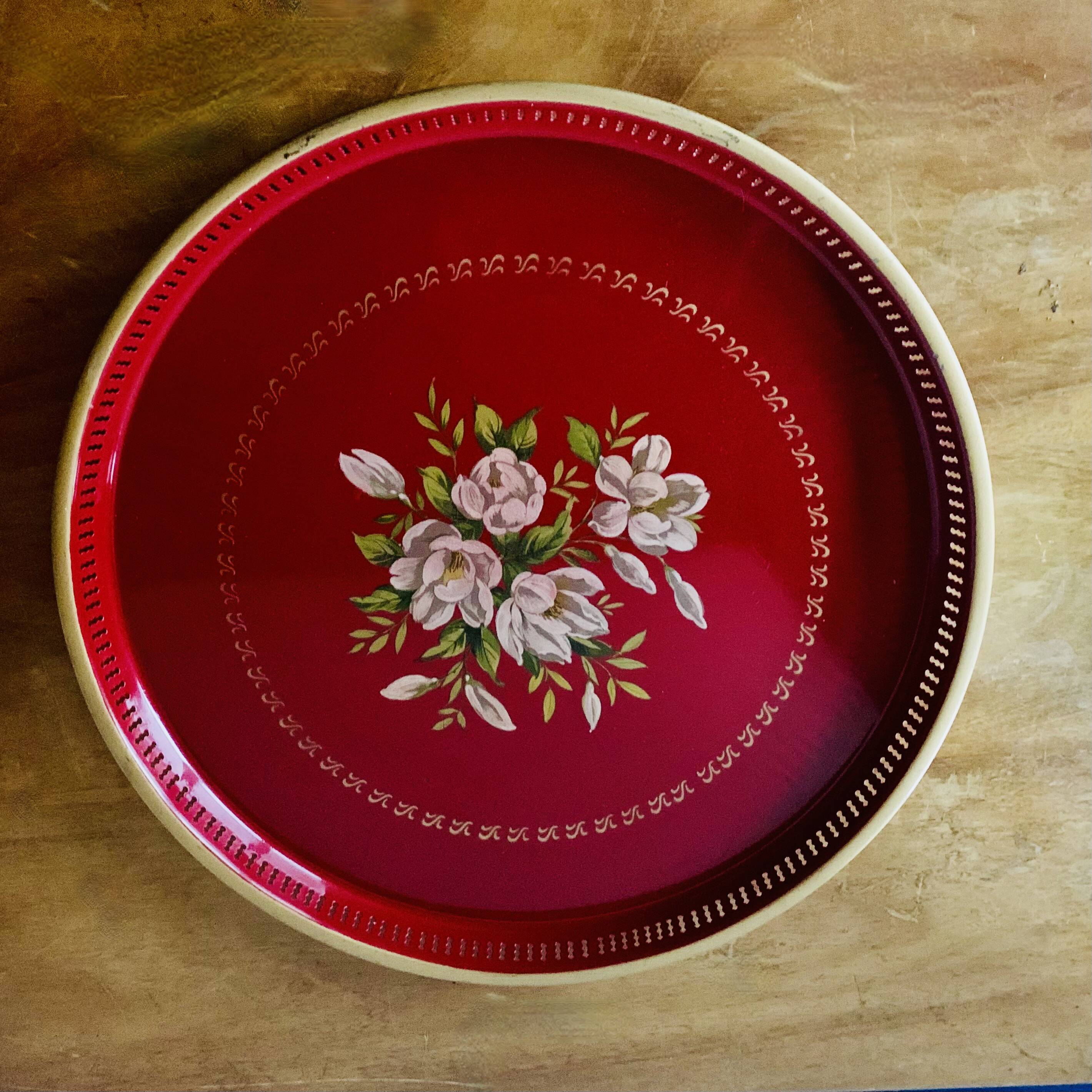 Large red enameled sheet metal tray - floral decoration - Sun Cloud - Made in England