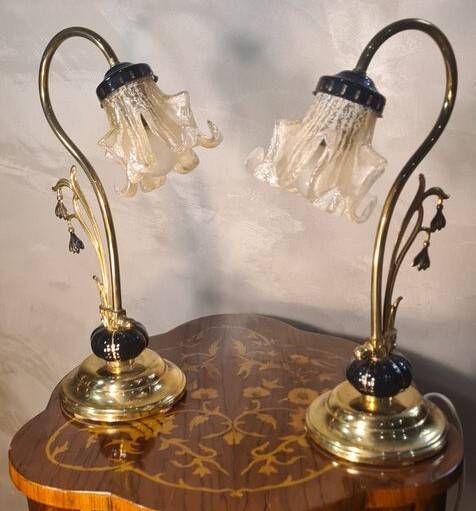 Pair of ceramic and brass lamps in art nouveau style