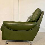 Vintage retro Danish 2 person olive green buttoned leather sofa 1970s
