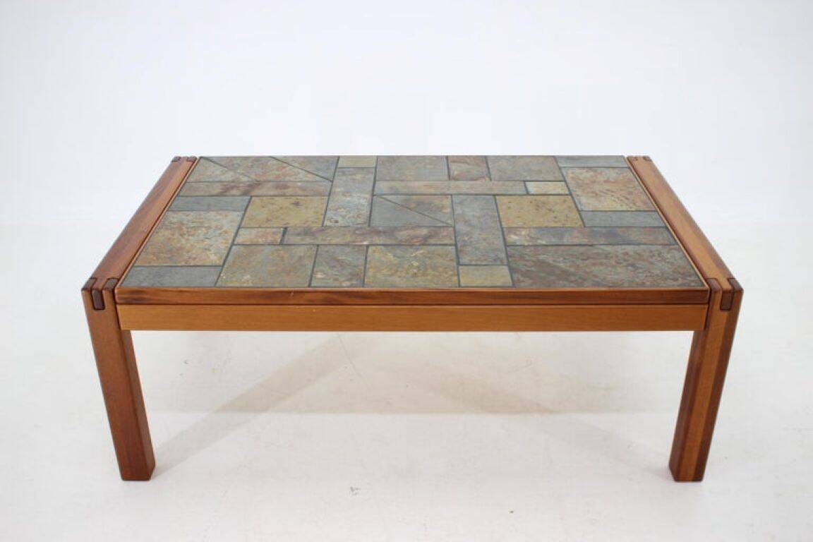1970s Danish Modern Coffee Table in Solid Teak with Inset Slate Tile Top
