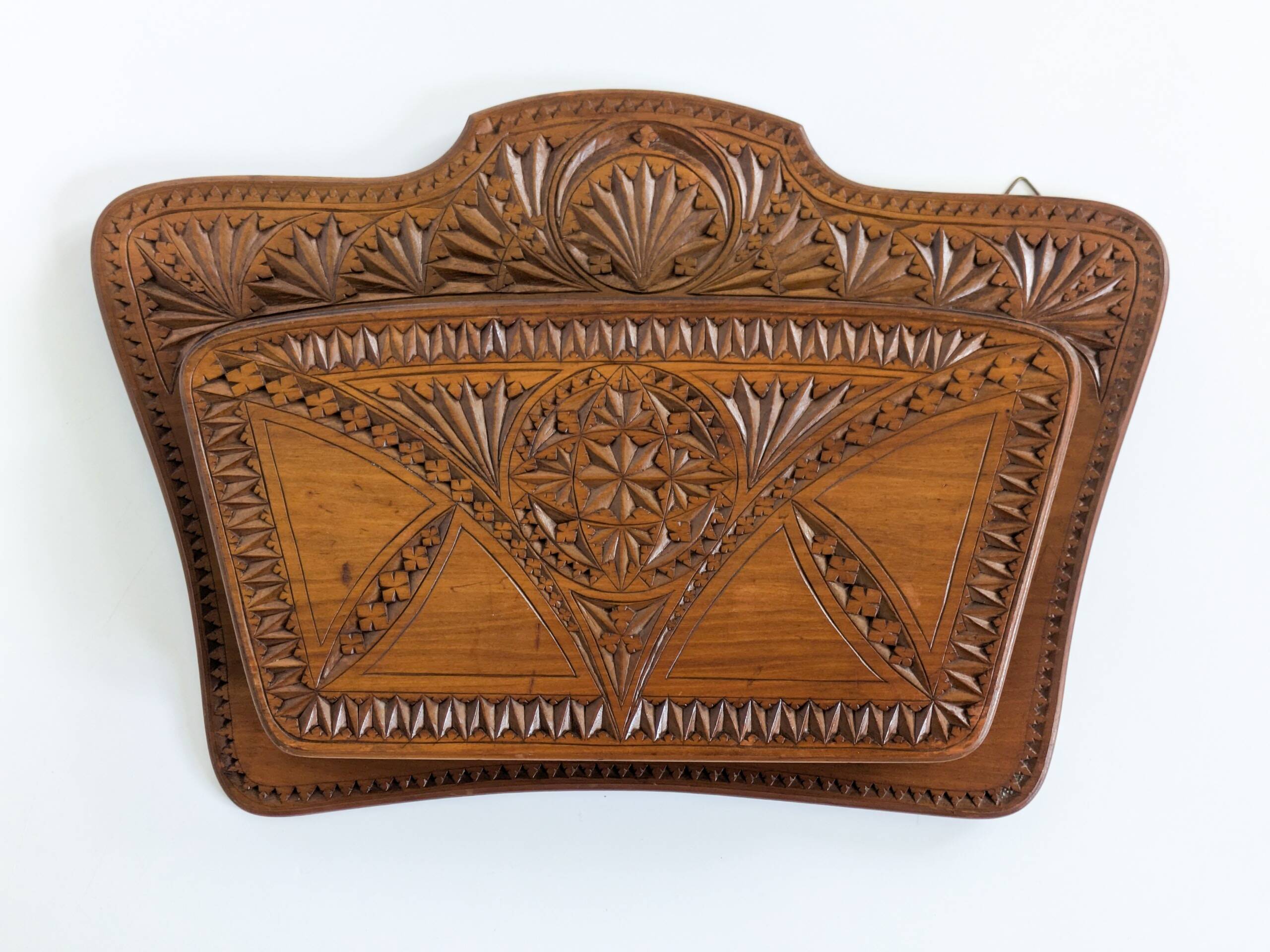 Wall-mounted letter holder, antique carved wood, folk art.