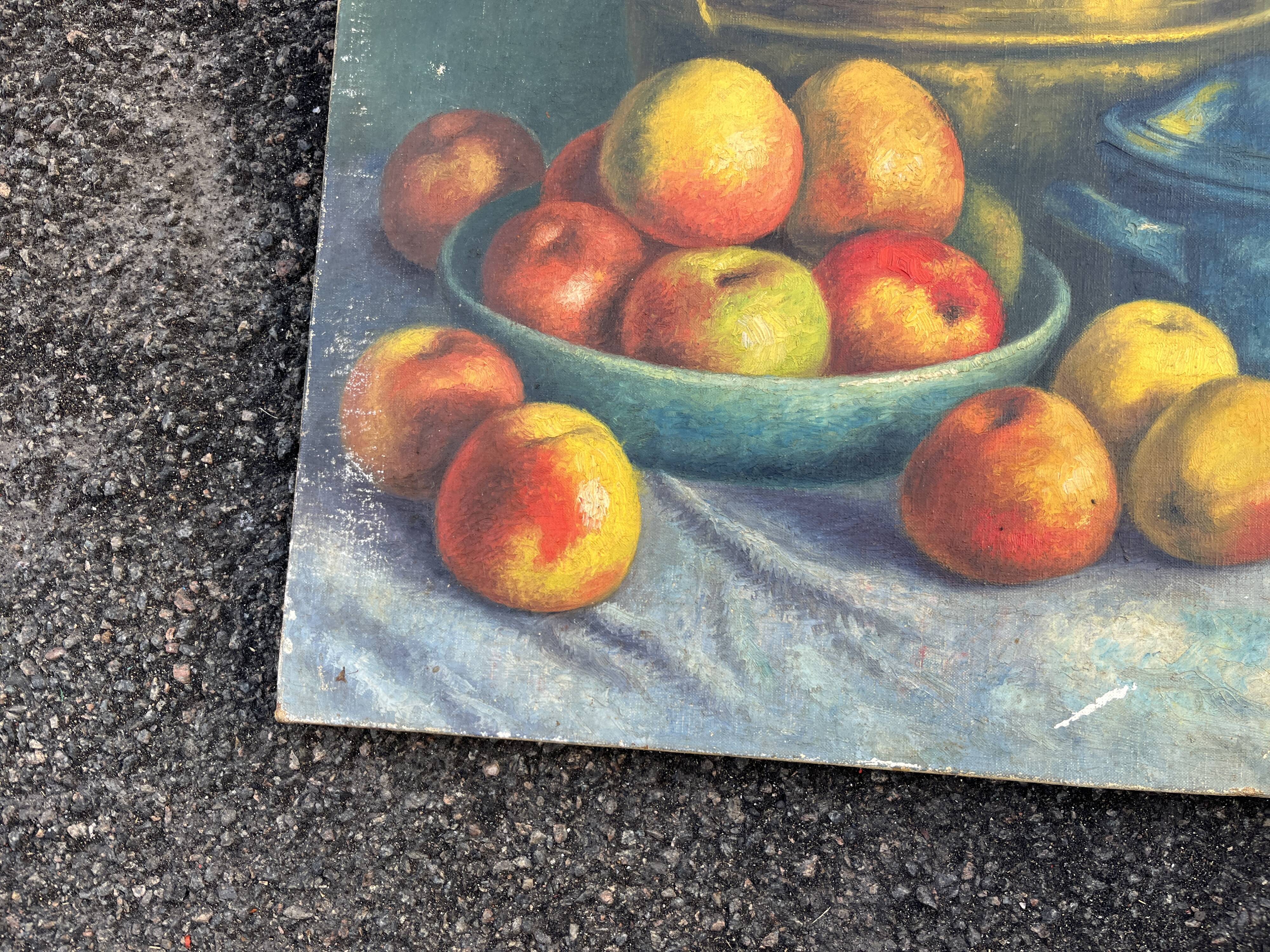 Antique painting Still life – apples, blue pottery and brass jug