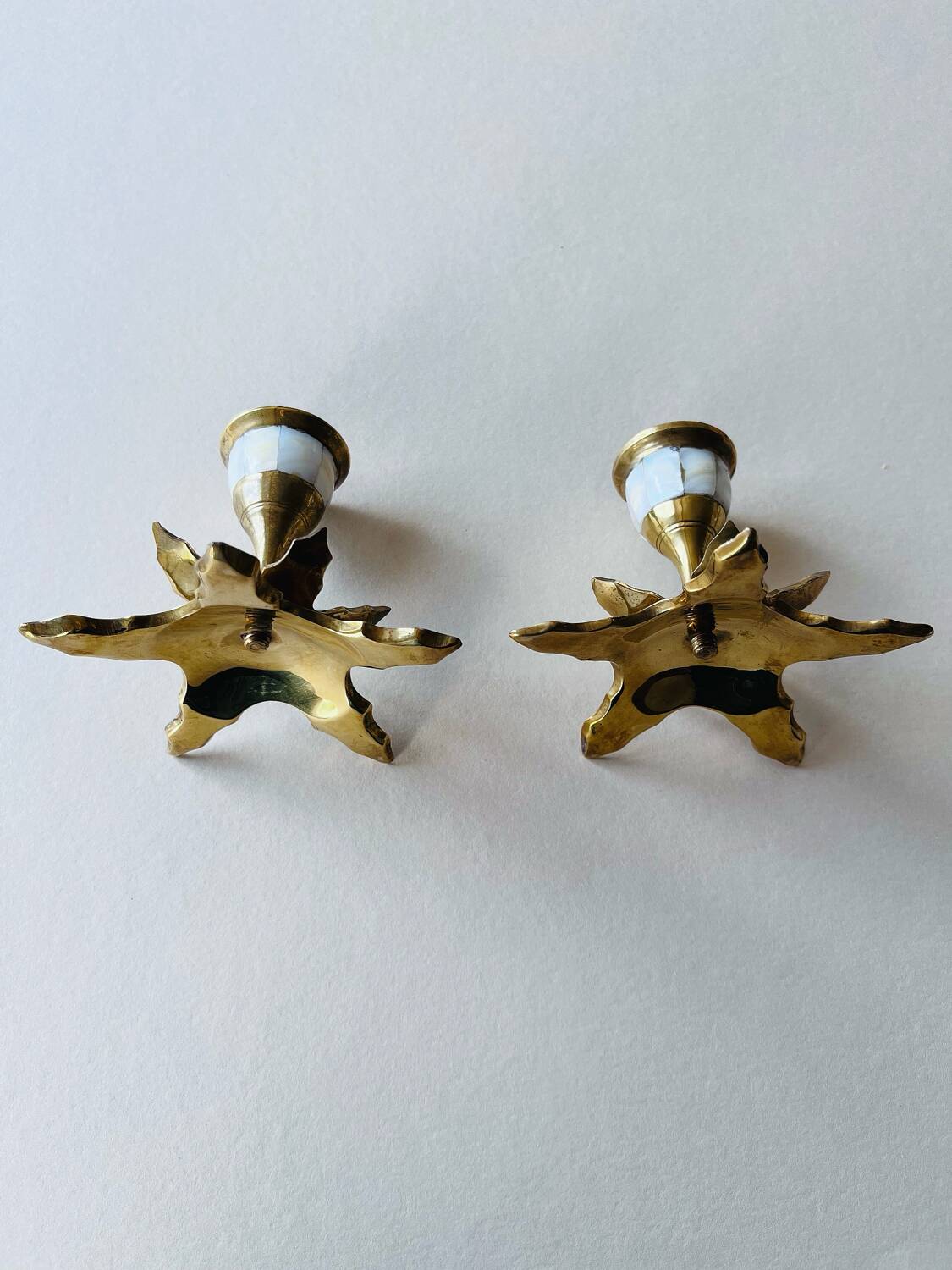Pair of vintage brass and mother-of-pearl candlesticks