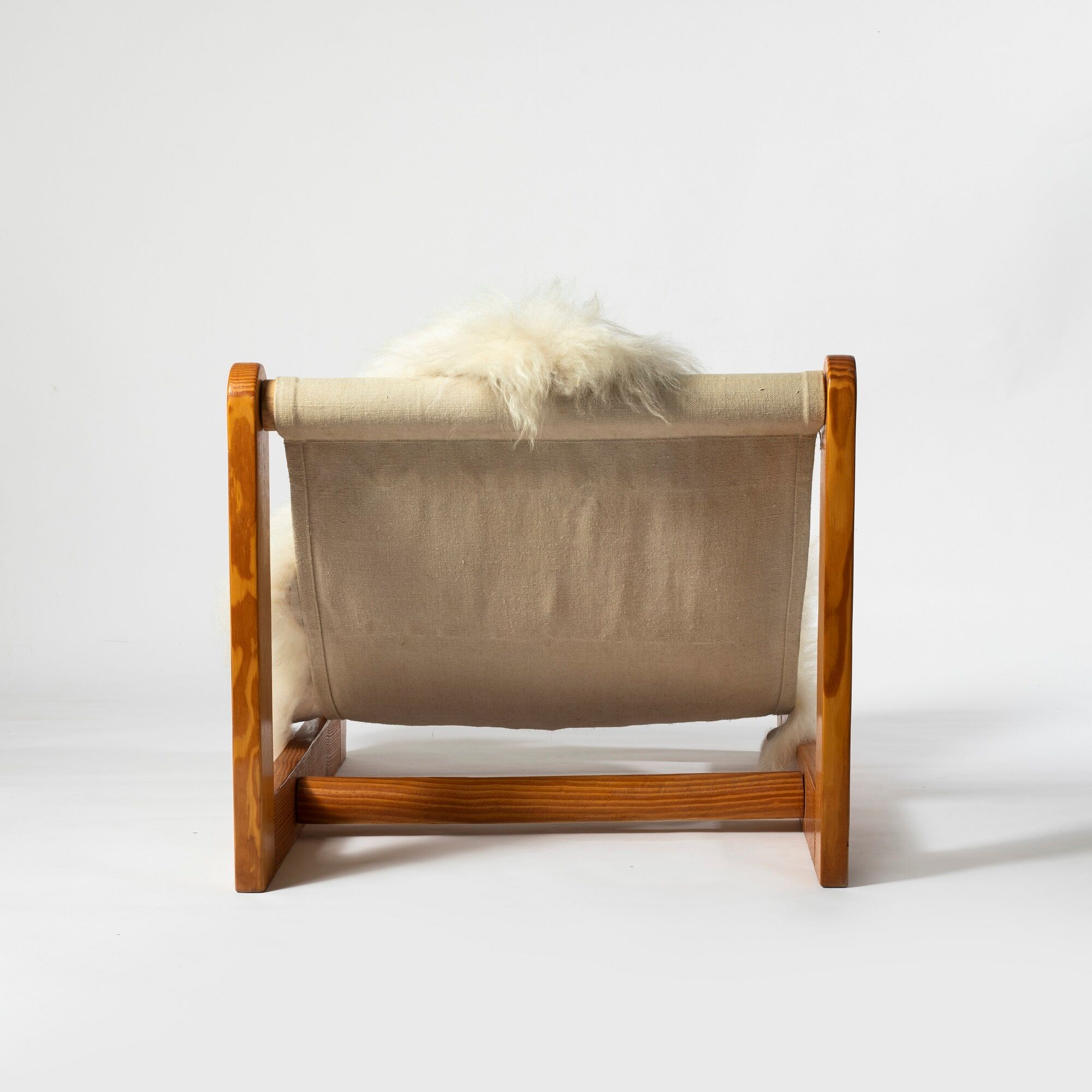 Brutalist sling lounge chair in Canvas, Pine and sheepskin, Belgium, 1970s