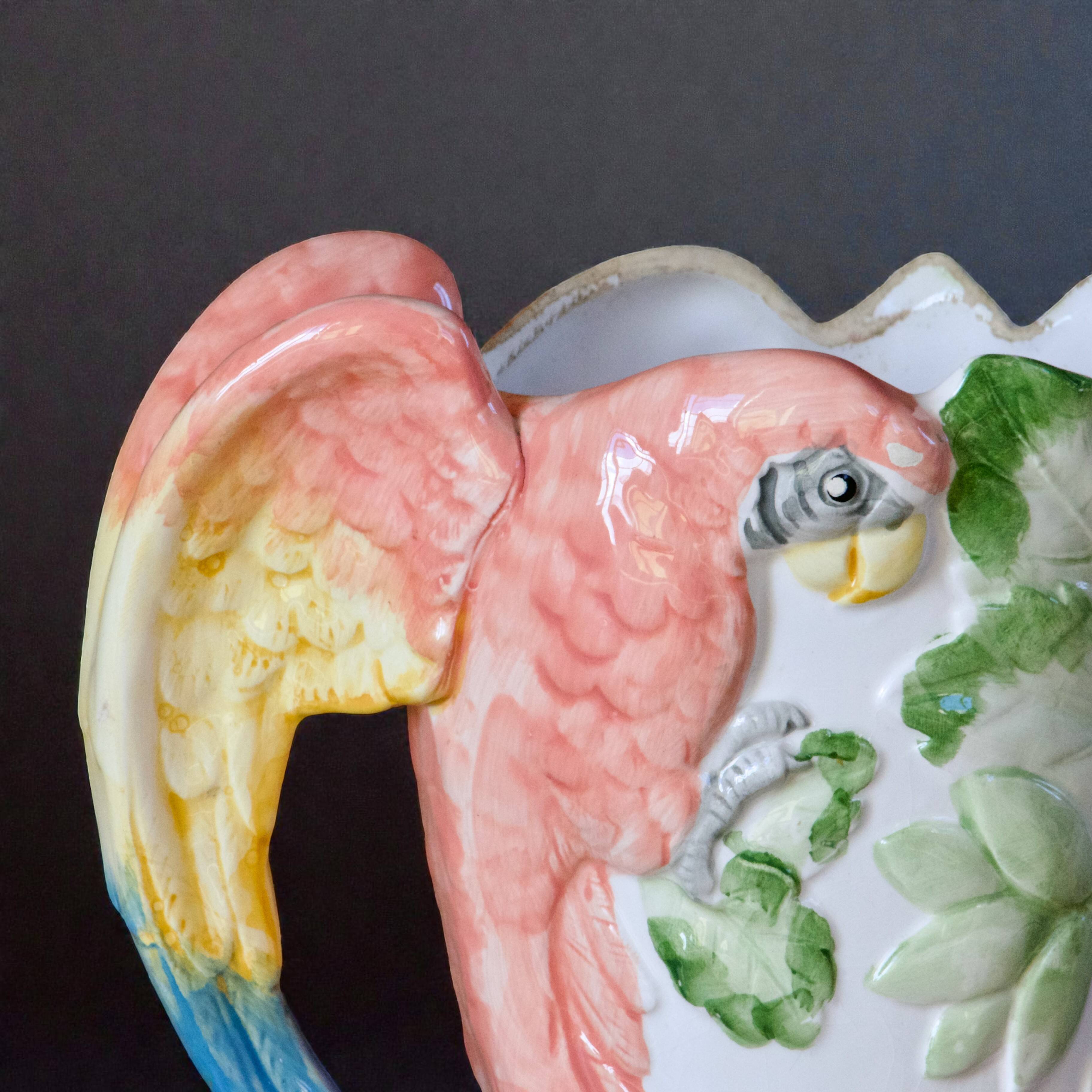 Vintage carafe in animal-shaped barbotine, parrot Ara.